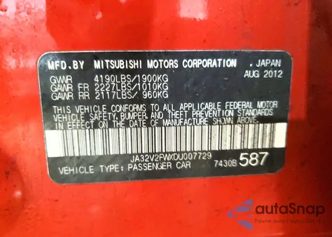 2013 Mitsubishi Lancer Se from USA, damaged, VIN JA32V2FWXDU007729